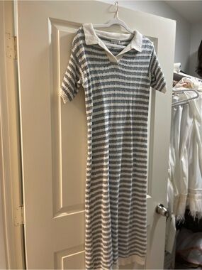 Striped Polo Collar Knit Maxi Dress in Cream and Light Blue